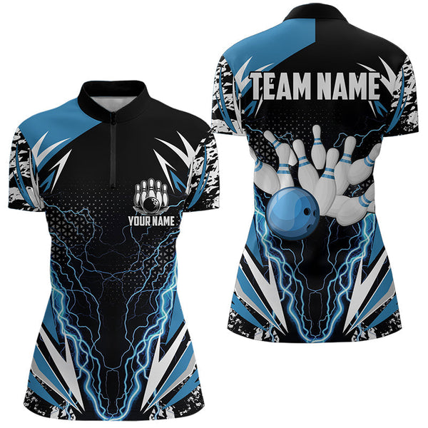 Maxcorners Black And Blue Lighting Thunder Camo For Mens And Women Bowling Polo Shirt Custom Team Bowling Jerseys