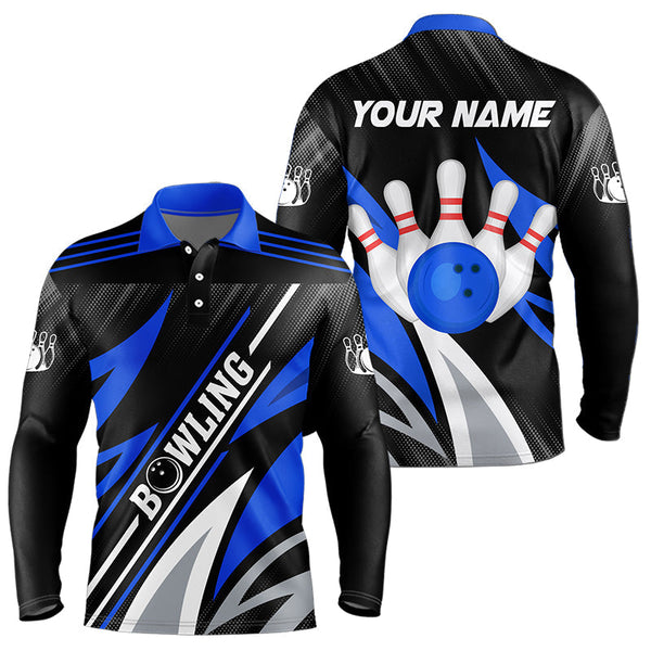 Maxcorners Black And Blue Bowling Polo, Quarter Zip Shirt For Men And Women Custom Team Bowling Jerseys, Gift For Bowlers