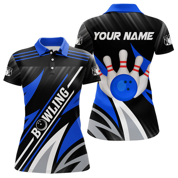 Maxcorners Black And Blue Bowling Polo, Quarter Zip Shirt For Men And Women Custom Team Bowling Jerseys, Gift For Bowlers
