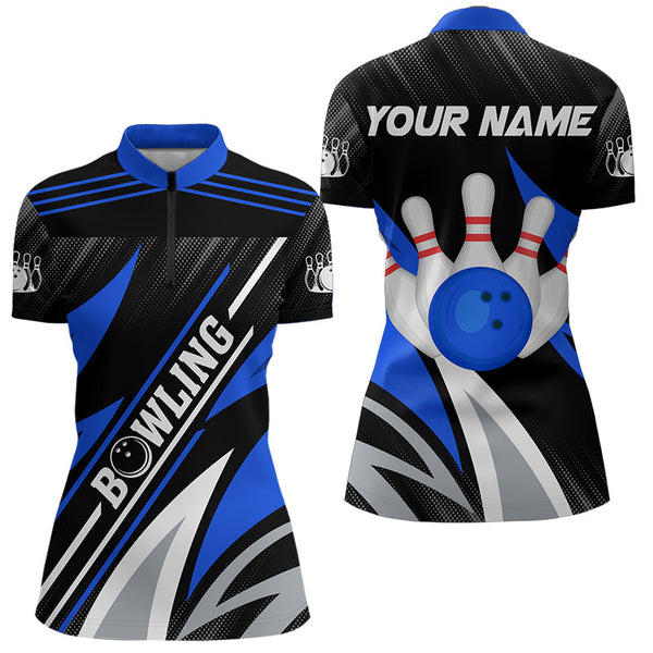 Maxcorners Black And Blue Bowling Polo, Quarter Zip Shirt For Men And Women Custom Team Bowling Jerseys, Gift For Bowlers