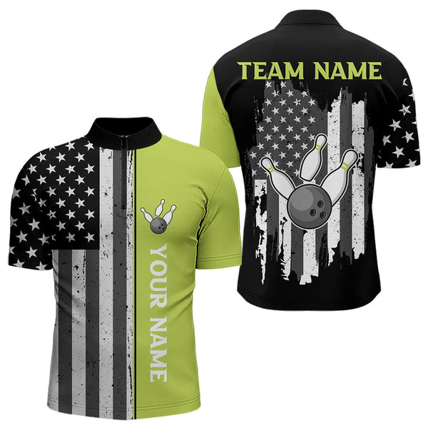 Maxcorners Black White Retro American Flag Bowling Shirts For Men Custom Patriotic Bowling Team Jersey | Green