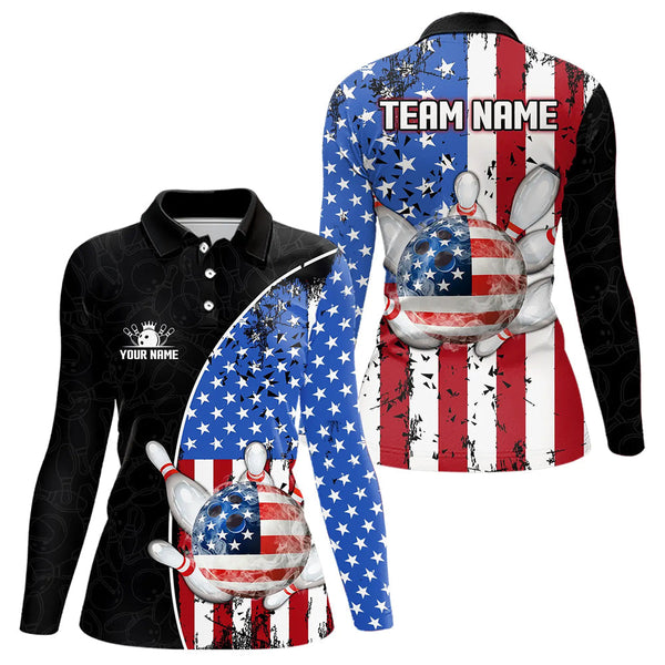 Maxcorners Black Camo Bowling Polo, 1/4 Zip Shirts For Men Custom American Flag Patriotic Bowling Team Jersey