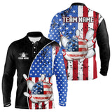 Maxcorners Black Camo Bowling Polo, 1/4 Zip Shirts For Men Custom American Flag Patriotic Bowling Team Jersey