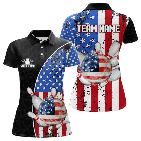 Maxcorners Black Camo Bowling Polo, 1/4 Zip Shirts For Men Custom American Flag Patriotic Bowling Team Jersey