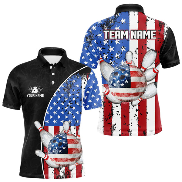 Maxcorners Black Camo Bowling Polo, 1/4 Zip Shirts For Men Custom American Flag Patriotic Bowling Team Jersey