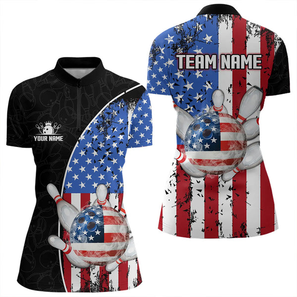 Maxcorners Black Camo Bowling Polo, 1/4 Zip Shirts For Men Custom American Flag Patriotic Bowling Team Jersey