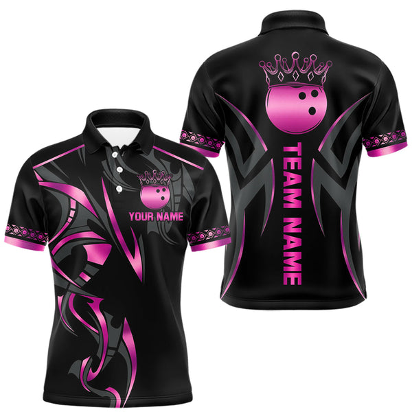 Maxcorners Black and Pink crown Bowling ball Polo, Quarter Zip Shirts for Men Custom Bowling Team jerseys TU1206
