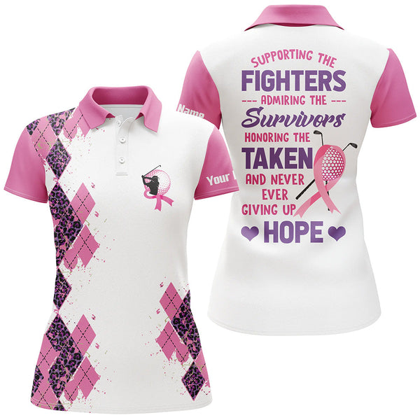 Max Corners Pink Leopard Argyle White Golf Breast Cancer Awareness Ladies Golf Tops Customized Name 3D Golf Polo Shirt For Women