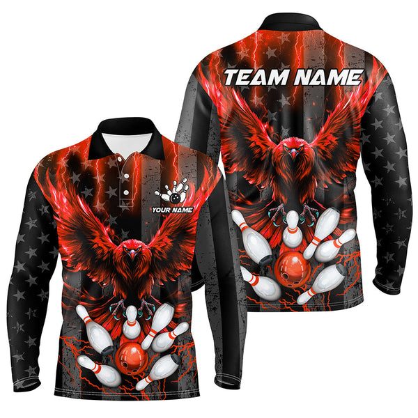 Maxcorners Black American flag Mens bowling shirts Custom Red lightning thunder Eagle Bowling Team Jerseys