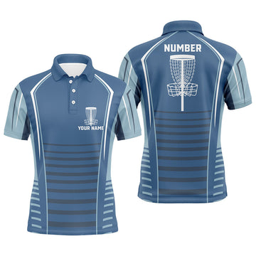 Maxcorners Mens disc golf polo shirts custom blue pattern disc golf basket, personalized disc golf outfit MT0510