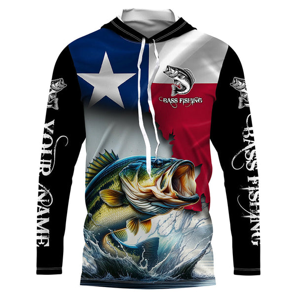 Maxcorners Texas Bass Fishing Texas Flag, Tx Fishing Customize Name Uv Long Sleeve Fishing Shirts