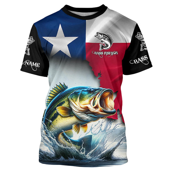 Maxcorners Texas Bass Fishing Texas Flag, Tx Fishing Customize Name Uv Long Sleeve Fishing Shirts