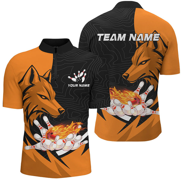 Maxcorners Black And Orange Flame Bowling Jersey Customized Name, Team Name 3D Shirt