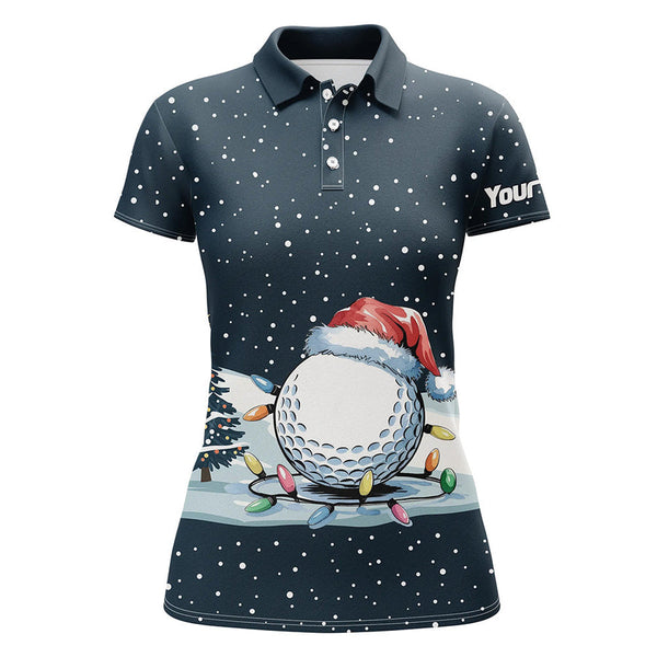 Maxcorners Blue Christmas Golf Ball in Snow Womens Golf Polo Shirts Custom Christmas Golf shirt for ladies