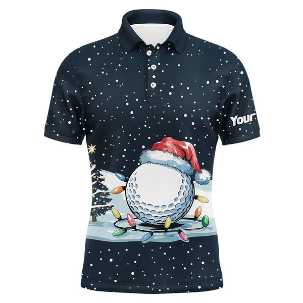 Maxcorners Blue Christmas Golf Ball in Snow Mens Golf Polo Shirts Custom Christmas Golf shirt for men