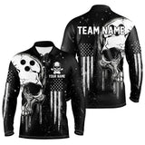 Maxcorners Personalized Black and White grunge American Flag Skull Bowling Team Shirts, Patriotic Bowling Jerseys