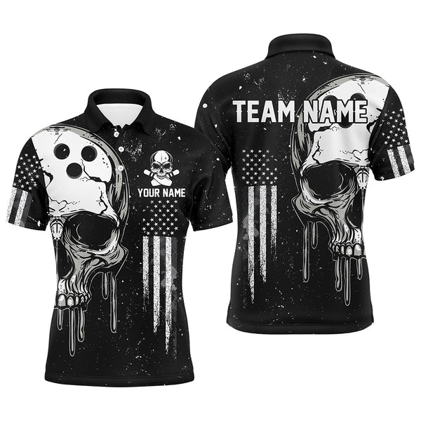 Maxcorners Personalized Black and White grunge American Flag Skull Bowling Team Shirts, Patriotic Bowling Jerseys