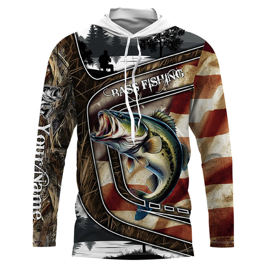 Maxcorners Custom American Flag patriotic Bass Fishing Jerseys, Personalized camo Bass fishing Long sleeve shirts LM0201