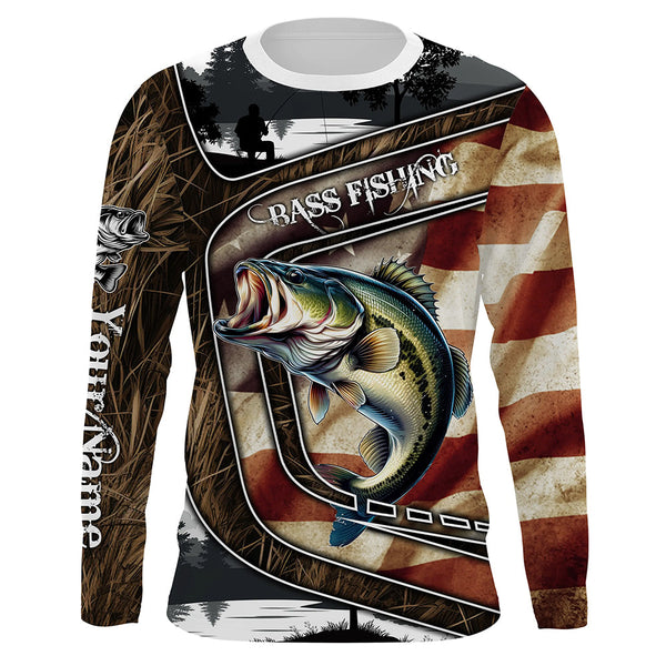 Maxcorners Largemouth Bass Fishing camo American flag patriotic Customize name Bass long sleeves fishing shirts LM2408