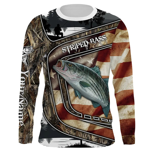 MaxCorners American Flag Patriotic Striped Bass Fishing Customized Name 3D Long Sleeve Shirt