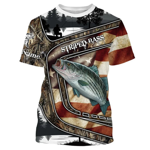 Maxcorners American Flag Patriotic Striped Bass Fishing 3D Shirts Customize Name