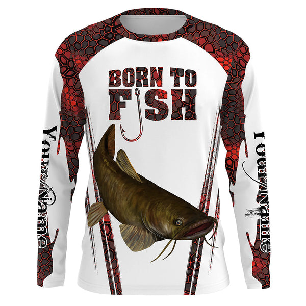 MaxCorners "Born To Fish" Catfish Fishing Red Camo Customized Name 3D Long Sleeve Shirt