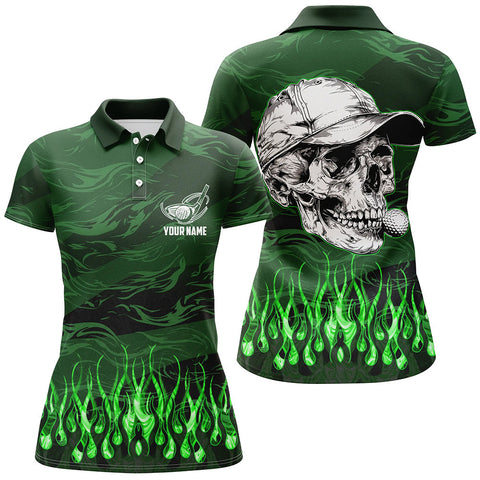 Maxcorners Women Golf Polo Shirts Custom Green Camo Flame Golf Skull Team Golf Attire For Ladies
