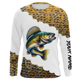 Maxcorners Walleye Fishing Scales Shirts For Men Customize Name Performance Long Sleeve Fishing Apparel