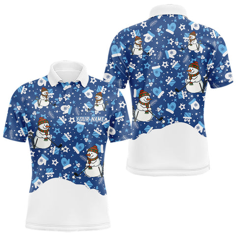 Maxcorners Blue and White Snowman Christmas pattern Golf Polo shirts For men Custom mens Christmas golf shirts LM0611