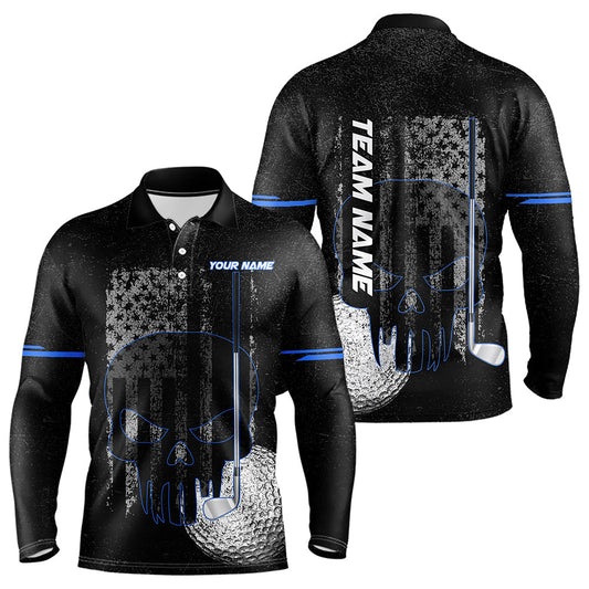 Maxcorners Black & White Grunge American Flag Skull Mens Golf Polo Shirts Custom Golf Attire For Mens | Blue