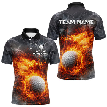 Maxcorners Custom Orange Flame Lightning Thunder Mens Golf Polo Shirt, Golf attire For Men Golfing Gifts