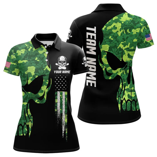 Maxcorners Skull Green Camouflage American Flag Mens Bowling Shirts Custom Patriotic Bowling Team Jerseys For Men