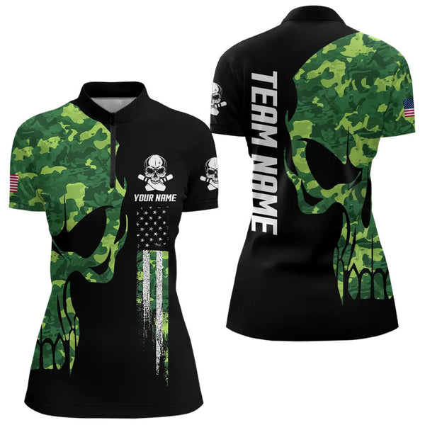 Maxcorners Skull Green Camouflage American Flag Mens Bowling Shirts Custom Patriotic Bowling Team Jerseys For Men