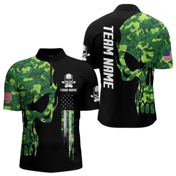 Maxcorners Skull Green Camouflage American Flag Mens Bowling Shirts Custom Patriotic Bowling Team Jerseys For Men