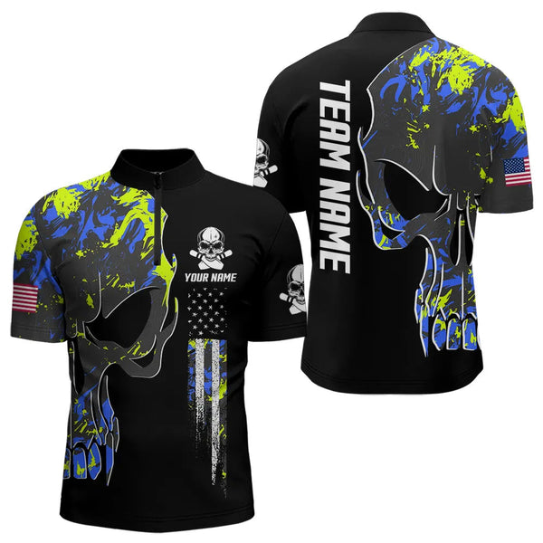 Maxcorners Skull Camouflage American Flag Mens Bowling Shirts Custom Patriotic Bowling Team Jerseys For Men