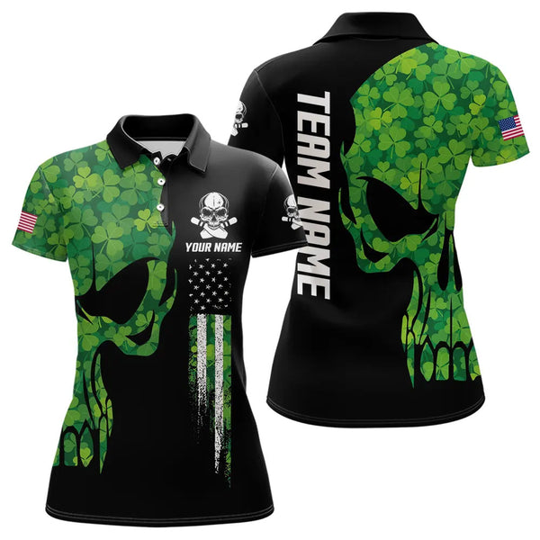 Maxcorners Skull Green Clover pattern American Flag Mens Bowling Shirt Custom St Patrick Day Bowling Team Jersey