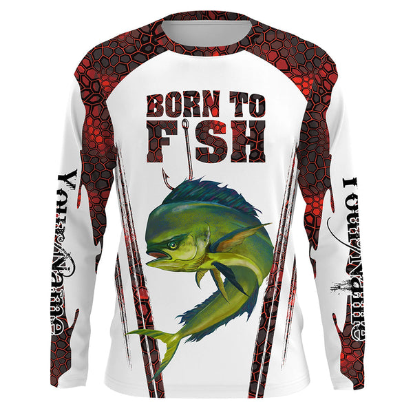 MaxCorners "Born To Fish" Mahi Mahi Fishing Red Camo Customized Name 3D Long Sleeve Shirt