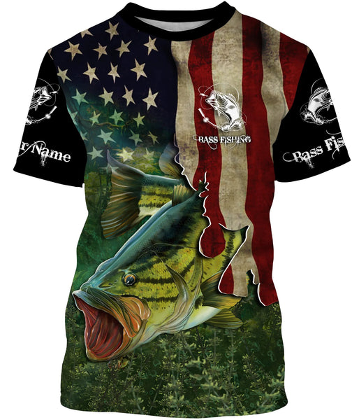 Maxcorners Largemouth Bass Fishing American Flag Patriotic Customize Name 3D Shirts