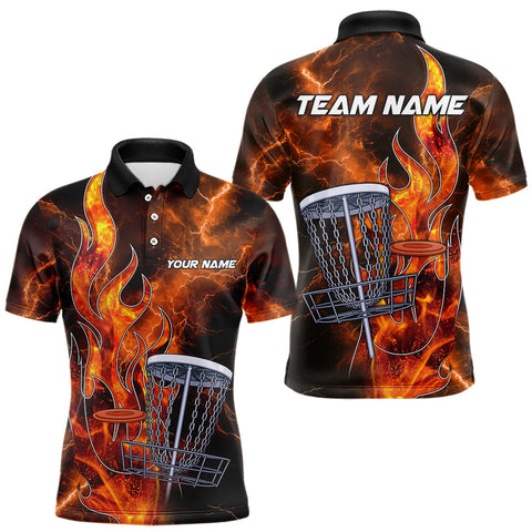 Maxcorners Orange Flame Lightning Thunder Disc golf polo shirts For Men Custom Team disc golf outfits MT1110