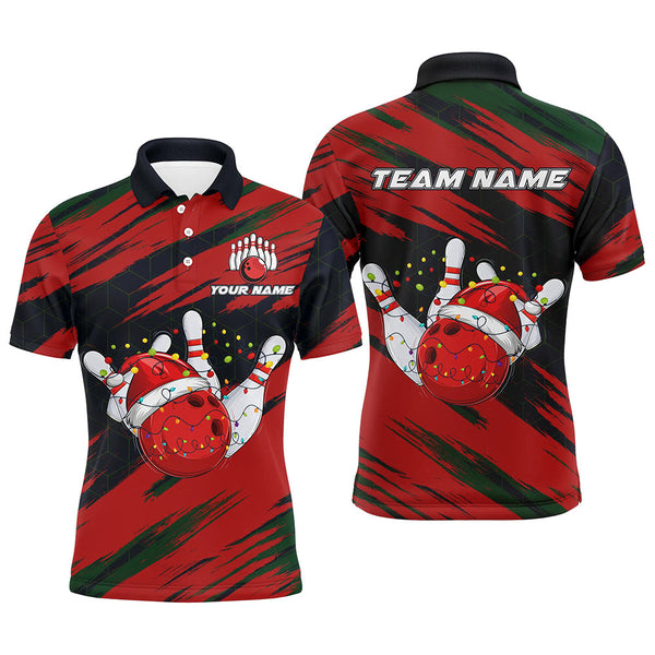 Maxcorners Red Camo Christmas Bowling Ball and pins Shirts For Men Custom Bowling Team Jerseys Xmas Outfits