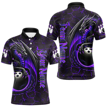 Maxcorners Black And Purple Custom Dragon Bowling Shirts For Men, Dragon Bowling Team Shirts