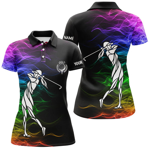 Max Corners Colorful Rainbow Smoke Pattern Black Womens Golf Customized Name 3D Golf Polo Shirt For Women