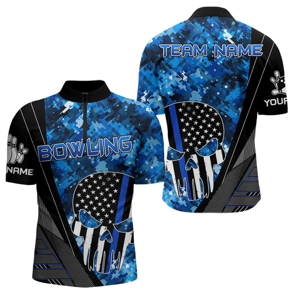 Maxcorners Black And White American Flag Skull Blue Camo Bowling Shirts For Men Custom Team Bowling Jerseys 