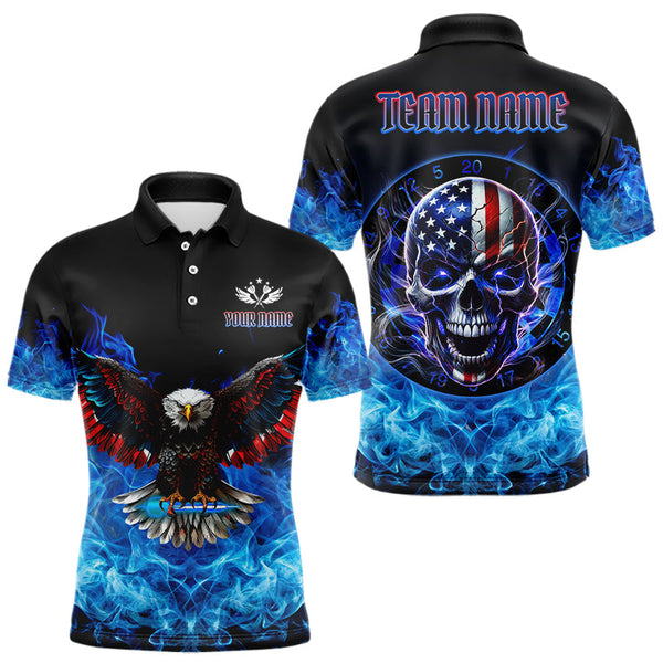 Maxcorners Blue Flame Smoke American Flag Eagle Skull Darts Polo, 1/4 Zip Shirts For Men Custom Darts Team Jersey