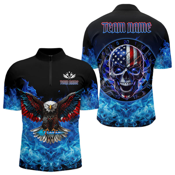 Maxcorners Blue Flame Smoke American Flag Eagle Skull Darts Polo, 1/4 Zip Shirts For Men Custom Darts Team Jersey