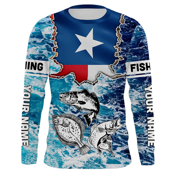 Maxcorners Texas Flag Redfish, trout, flounder blue wave camo custom name performance long sleeve fishing shirts LM2408
