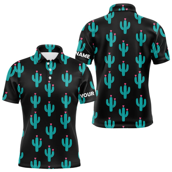 Maxcorners Personalized black and green cactus flower pattern mens golf polo shirts custom cactus golf shirts