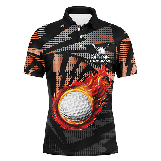 Maxcorners Golf Black Orange Camo Flame  Customized Name 3D Polo Shirt Unisex