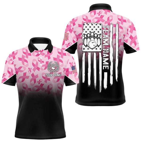 Maxcorners Pink ribbon pattern Men bowling shirt Custom American flag patriotic breast cancer bowling team shirt MT0708
