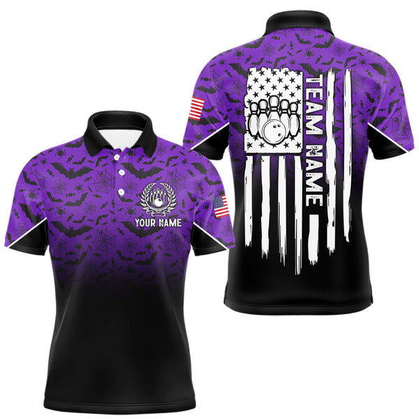Maxcorners Purple Halloween pattern Custom American flag patriotic Bowling shirt for men, Bowling team jersey MT0708